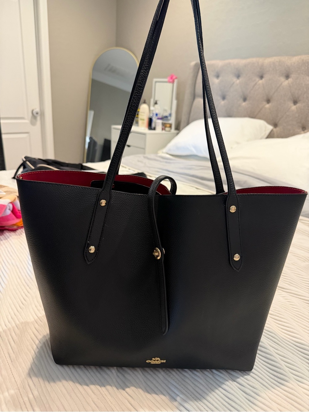 Coach Black Pebbled Leather Tote Bag with Red Leather interior - Picture 10 of 10